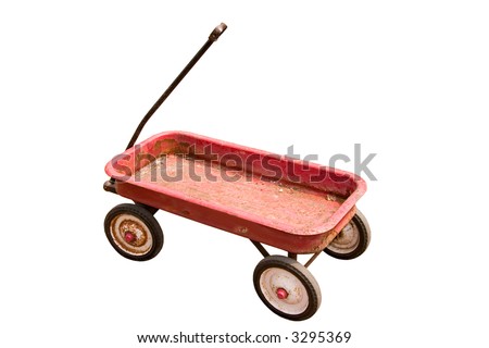 Top angle view of an old rusted red wagon isolated on white.