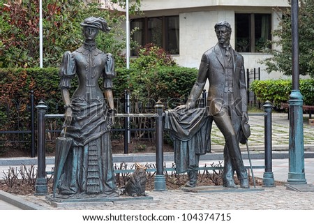 Anton Chekhov and Lady with dog - Monument dedicated to russian writer Chekhov and heroine of the one of his stories, Embankment of Yalta, Crimea, Ukraine