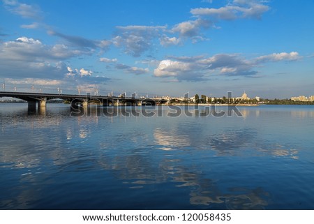 Evening view of Voronezh water storage basin with Chernavskiy bridge, Russia