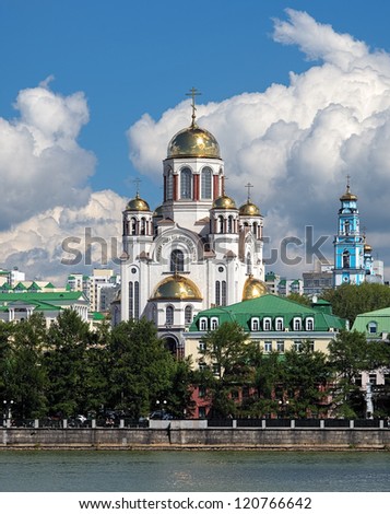 View of Church on Blood in Honour of All Saints and Ascension Church from the city pond of Yekaterinburg, Russia