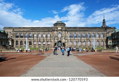 DRESDEN, GERMANY - AUGUST 28: Zwinger Palace and Building of Old Masters Gallery on August 28, 2010 in Dresden, Germany. The Gallery displays around 750 paintings from the 15th to the 18th century.