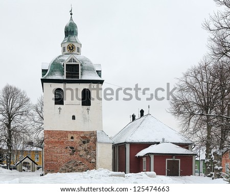 Tower of the Porvoo Cathedral in winter, Finland