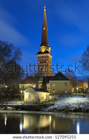View of the Vasteras Cathedral from the Svartan river in winter morning, Sweden