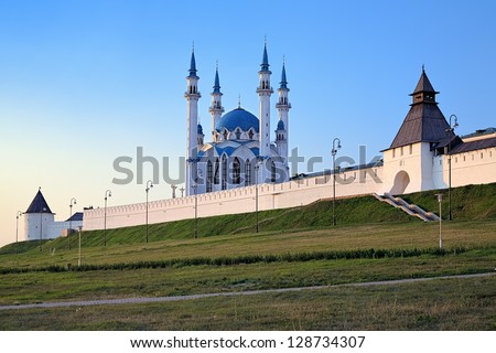 Kazan Kremlin with Qolsharif Mosque, Transfiguration tower and Nameless Round tower at sunset, Tatarstan, Russia