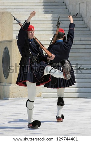 ATHENS, GREECE - APRIL 30: Changing ceremony of Evzones (presidential guards) at the monument of the Unknown Soldier in front of the Greek Parliament Building on April 30, 2007 in Athens, Greece.