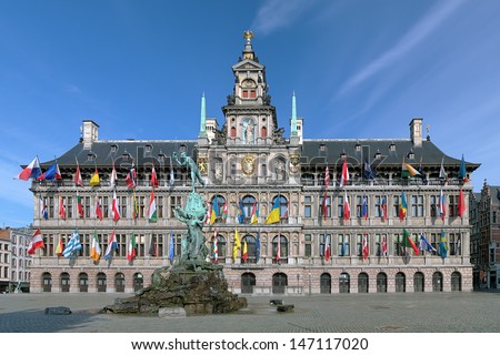 City Hall And Brabo Fountain On The Great Market Square Of Antwerp, Belgium