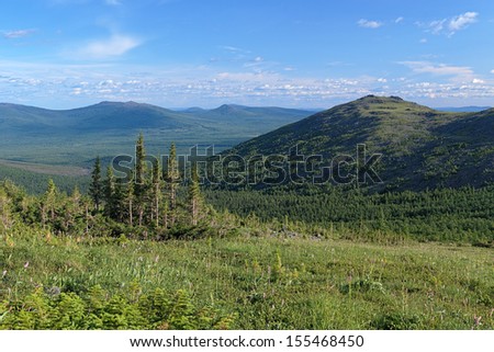 Northern Ural Mountains, View of South Konzhakovskiy spur, valley between the mountains of Konzhakovskiy ring and mountains of Kazanskiy Stone massif, Russia