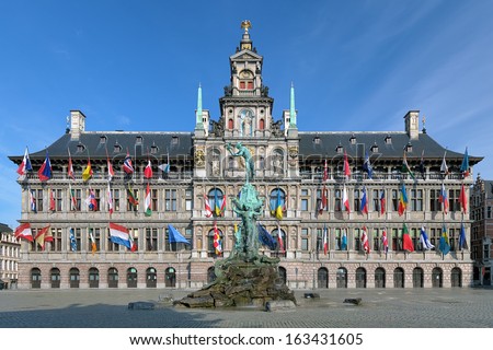 City Hall and Brabo fountain on the Great Market Square of Antwerp, Belgium