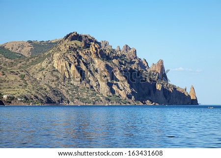 View of Kara Dag Mountain on the coast of Black Sea from the west side, Crimea, Ukraine
