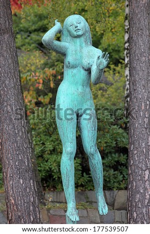 STOCKHOLM, SWEDEN - OCTOBER 4, 2012: The Listening Woman sculpture in Millesgarden sculpture garden. The sculpture was created by world famous swedish sculptor Carl Milles in 1952.