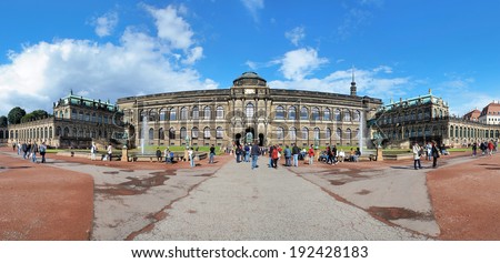 DRESDEN, GERMANY - AUGUST 28, 2010: Panorama of Zwinger Palace and Building of Old Masters Picture Gallery. The gallery displays around 750 paintings from 15th to 18th century.