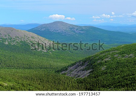 Northern Ural Mountains, View of Burtym Mount, slopes of Iov Mount and Serebryanskiy Rock Mount and valley of Poludnevaya river, Russia