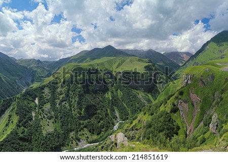 View of the canyon of White Aragvi river from the lookout platform on the Cross Pass (Gudauri Pass), Caucasus Mountains, Georgia