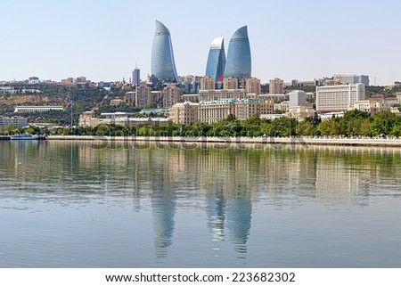 View from the Caspian Sea on the Flame Towers skyscrapers in Baku, Azerbaijan
