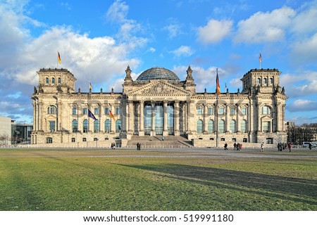 Reichstag building in Berlin, Germany. Dedication on the frieze means \