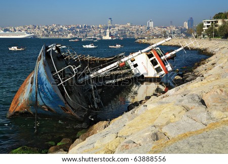 Half-sunken ship near the Bosporus coast in Istanbul, Turkey