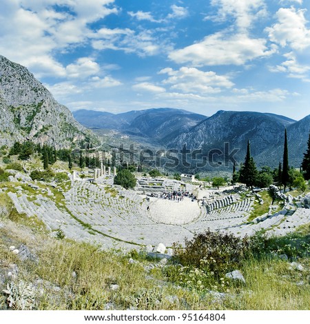 View of the Theater and ruins of the Apollo Temple in Delphi, Greece