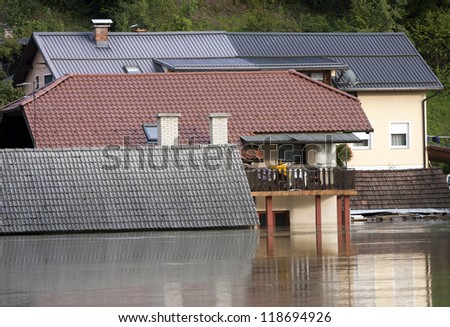 Flooded house by the river Krka in Slovenia.