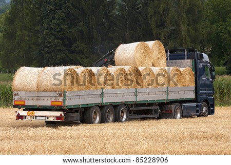 Truck loaded with the bales of hay.