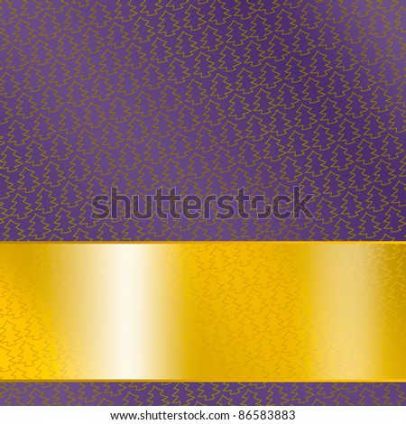 Banner design in gold with christmas trees on purple background.