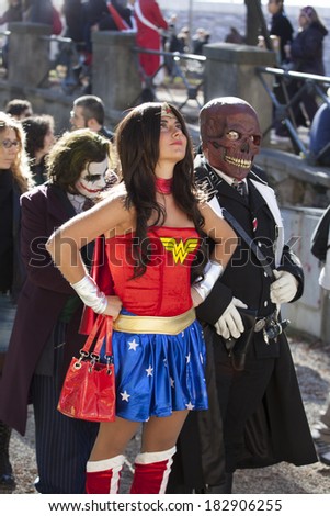 LUCCA, ITALY - OCTOBER 29: a Wonder Woman Cosplay poses for a photo during the Lucca Comics and Games annual festival on October 29, 2010 in Lucca, Italy.