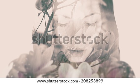 Double exposure portrait of a dreamy woman