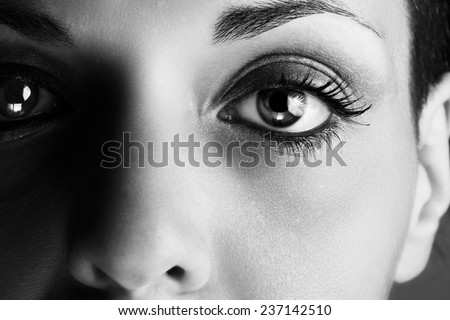 Macro picture of the eye of a woman. Black and white photography.