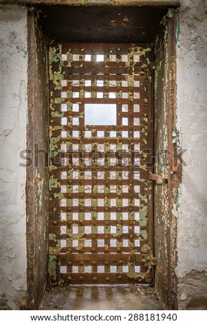 Prison cell door in Eastern State Penitentiary,  also known as ESP, is a former American prison in Philadelphia, Pennsylvania.