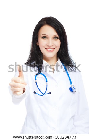 medical doctor woman happy smile with stethoscope hold thumb up finger gesture. Isolated over white background