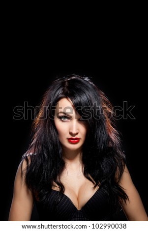 portrait sensual beautiful woman make up curly hair style, wear sexy corset, big breast, over dark black background