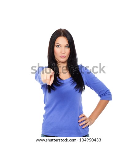 Angry upset woman standing point finger at you looking at camera. Isolated over white background