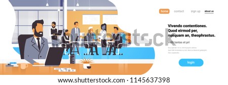 Businessman boss workplace over team brainstorming meeting group business people sitting together office discussing flat horizontal banner copy space vector illustration