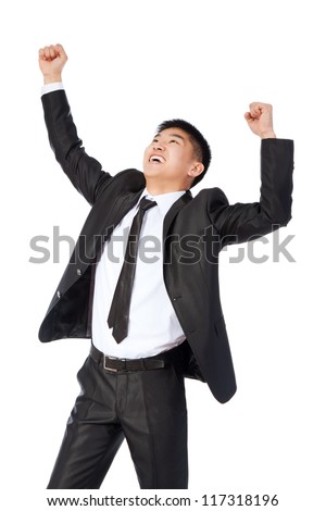 successful excited asian young business man hold fist, portrait of businessman with arms wide open hands up wear elegant suit and tie isolated over white background