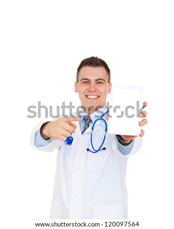medical doctor man smile with stethoscope show tablet computer, point finger to pad empty touch screen empty copy space. Isolated over white background