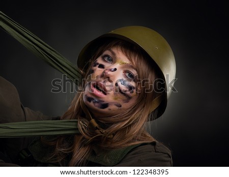 army girl, soldier woman defense survive, wear helmet military uniform over black background