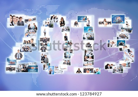 business 2013 new year concept collage businesspeople world map. International people communication