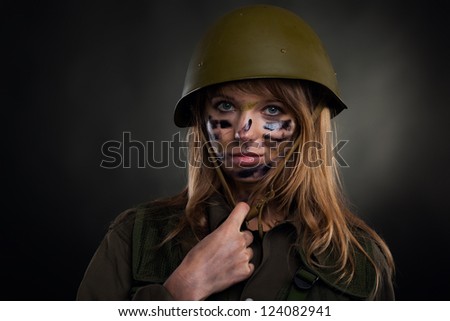 army girl, soldier woman wear helmet military uniform over black background
