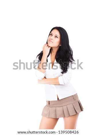 teenage student girl think looking up to empty copy space, smile attractive girl, pondering look up to corner, isolated over white background