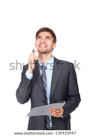 businessman think looking up, hold clipboard, handsome young business man look up to empty copy space, wear elegant suit and tie isolated over white background, concept of sign up contract document