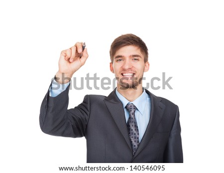 business man draw with marker on empty copy space, young businessman happy smile isolated on white background