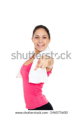 sport fitness woman point finger at you, young healthy smile girl hold towel athletic body looking at camera, perfect figure isolated over white background