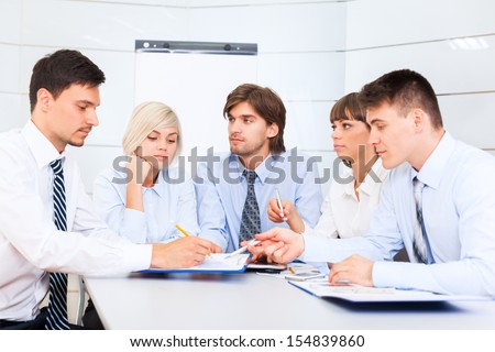 business people serious working discussion on document, meeting, group businesspeople team sitting at desk in office, paperwork