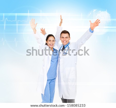 excited medical doctor woman happy smile, holding raised hands arms palms up, Happy toothy smiling wear white lab coat over abstract blue medic health care background