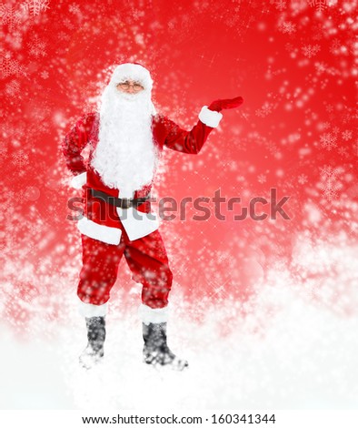 Santa Claus red christmas background, hold point open palm glove empty copy space, concept new year sale shopping abstract winter snow