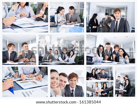Collage of business people group working office, business team discussing, businesspeople work in team concept