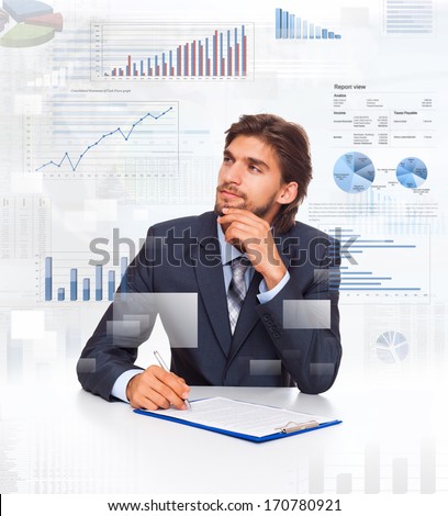 Business Man Think Look At Financial Diagram, Charts Sitting At Desk Sign Contract, Businessman With Graph Documents, Papers, Ponder