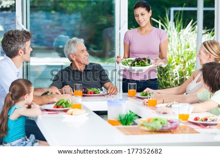 Big Generation Family, Parents, Children And Grandparents, Happy Smile Lunch Dinner At Table, Home