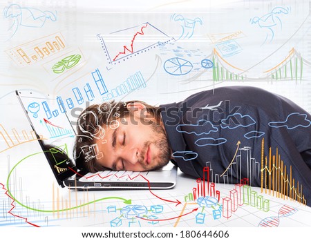 businessman sleep at office desk, new idea concept graph finance chart diagram, business man closed eyes lying head on laptop dream, drawings sketches