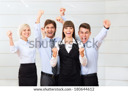 Successful excited Business people group team, young businesspeople smile hold fist ok yes gesture with raised hands arms