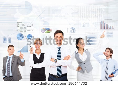 Business people group team leader, concept graph finance chart diagram background, business people sketches, point finger, Businessmen folded hands smile, colleague